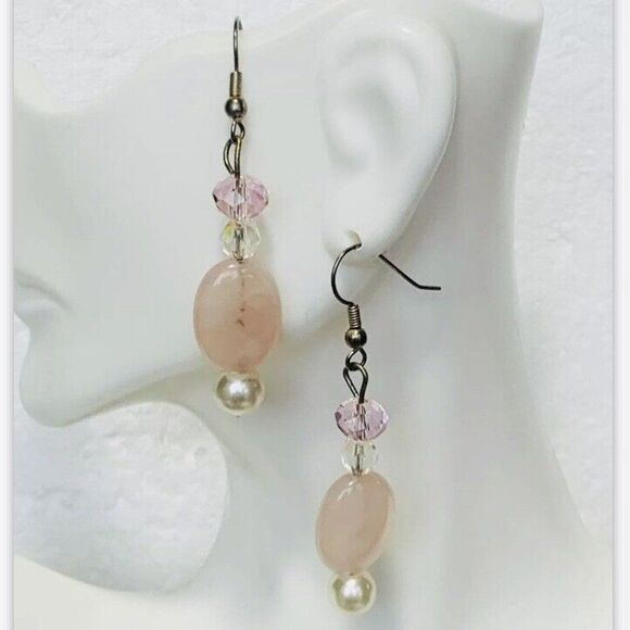 Vintage White Pearl Pink Quartz Crystal Drop Pierced Dangle Silver Tone Earrings - Picture 1 of 5